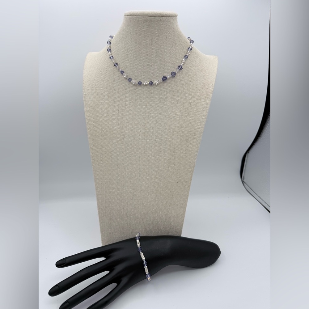 Swarovski Purple & Clear Crystal‎ Beaded Necklace and Bracelet .925 Stamped